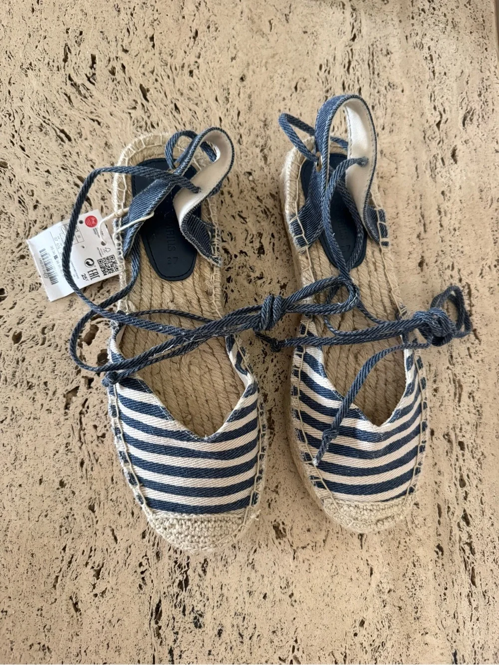 Stradivarius Navy and White Striped Espadrilles with Ankle Tie. Size EU37/US6.5